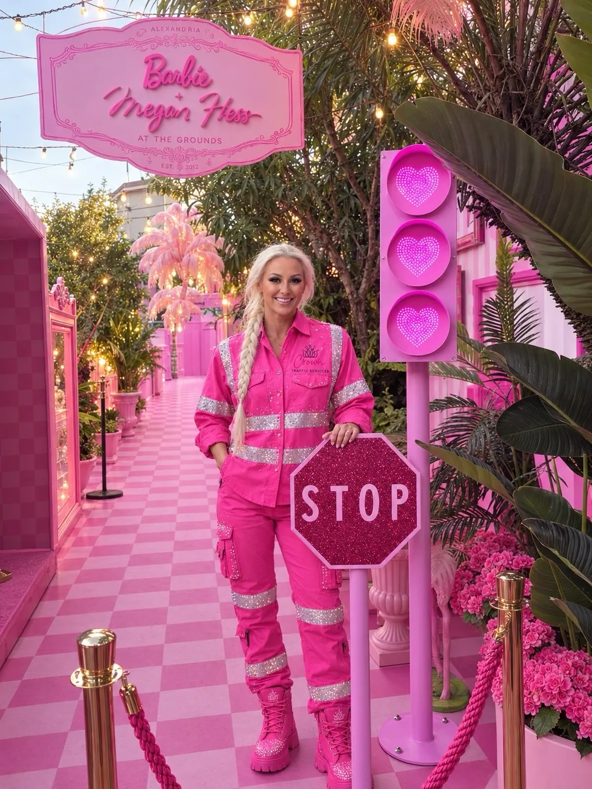 Jamie Starcic in Crown pink hi-vis holding a stop sign